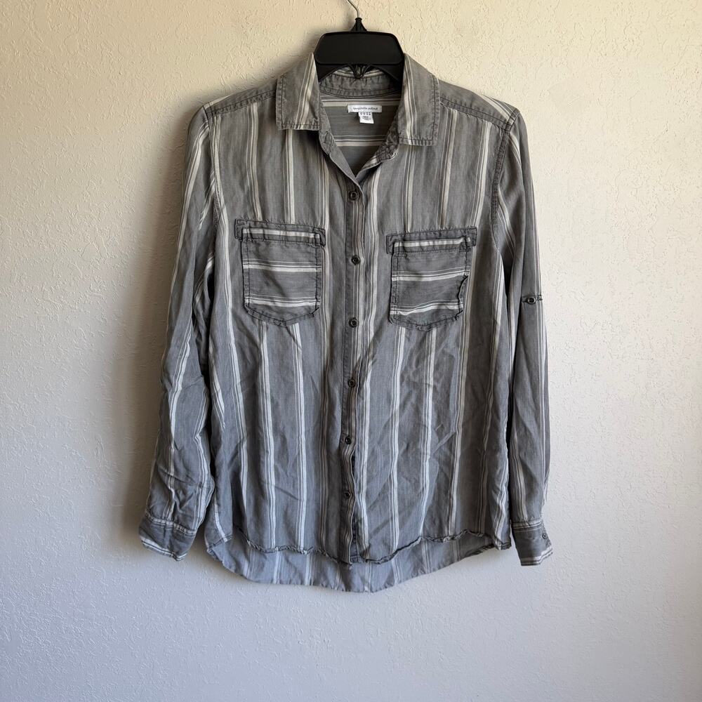 Saks Fifth Avenue Pure Navy Two Tone Gray Striped Casual Button Down Top Women S